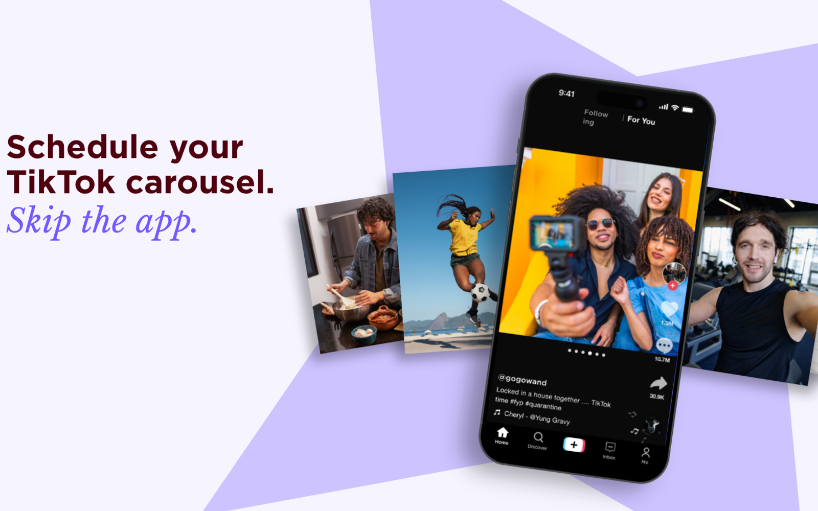 Phone showing a swipeable TikTok photo carousel between fanned photo slides, beside the headline "Schedule your TikTok carousel. Skip the app."