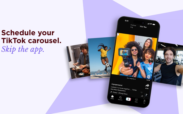 Phone showing a swipeable TikTok photo carousel between fanned photo slides, beside the headline "Schedule your TikTok carousel. Skip the app."