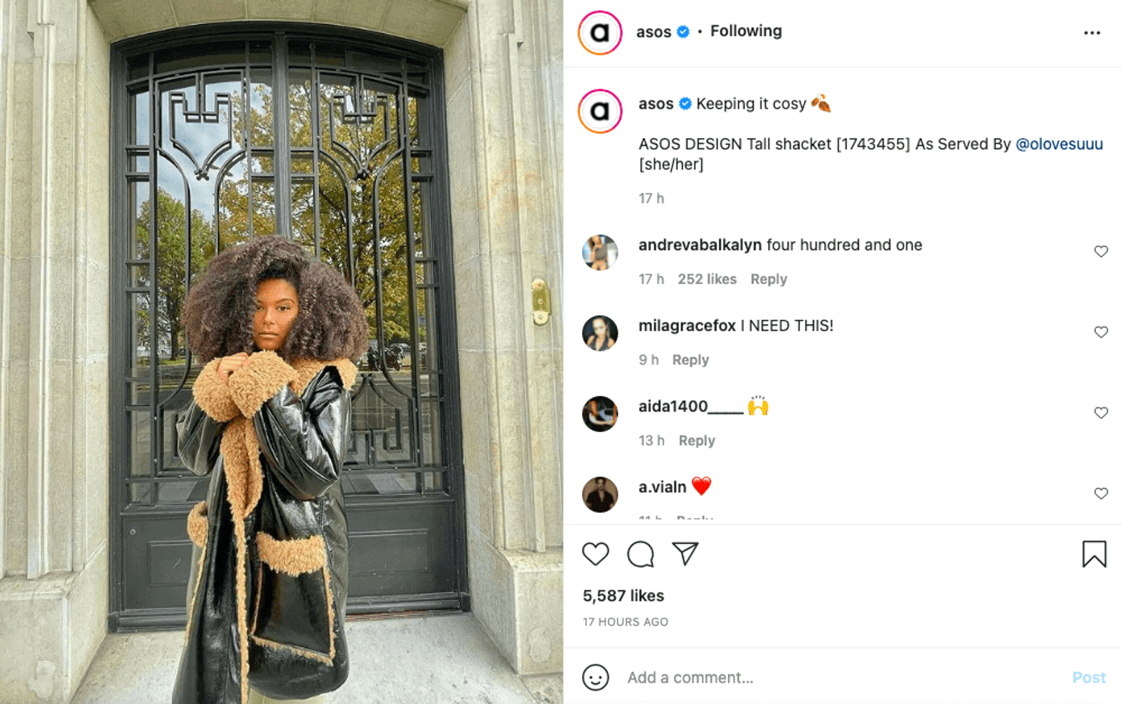 Publicación de Asos en Instagram con una modelo en una chaqueta, con código de producto en el texto y comentarios.