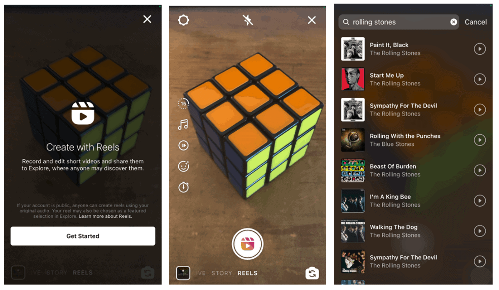 Pantallas de Instagram Reels: intro, cámara con un cubo Rubik y una lista de búsqueda de música.