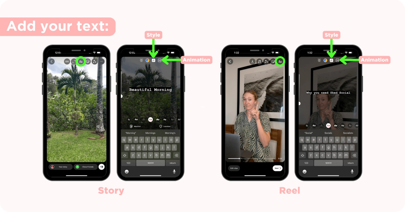 Pantallas de Historia y Reel de Instagram con la herramienta de texto Aa y los iconos de Estilo y Animación destacados.