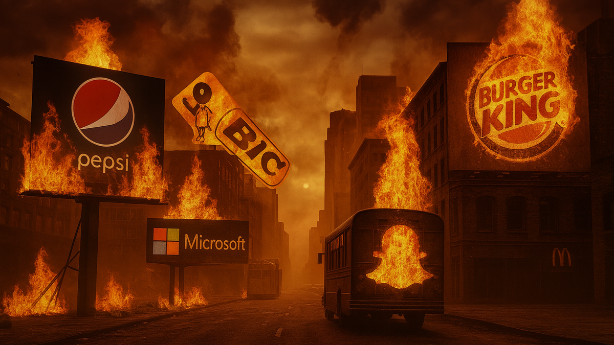 City street in sepia tones with buildings and billboards on fire. Pepsi, Bic, Microsoft, Burger King, Snapchat logos.
