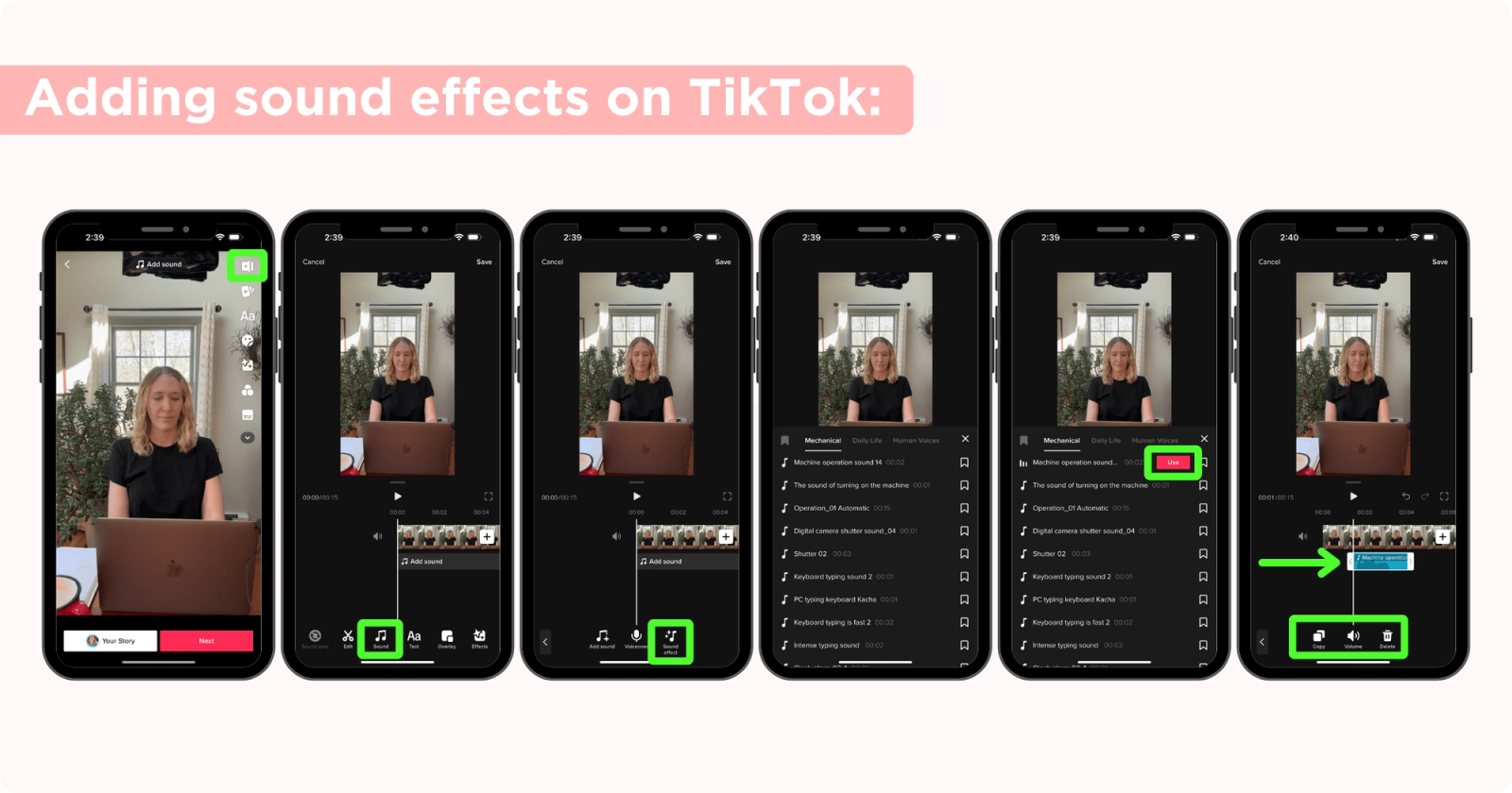 Six TikTok app screens showing steps to add a sound effect to a video, with menu icons highlighted.