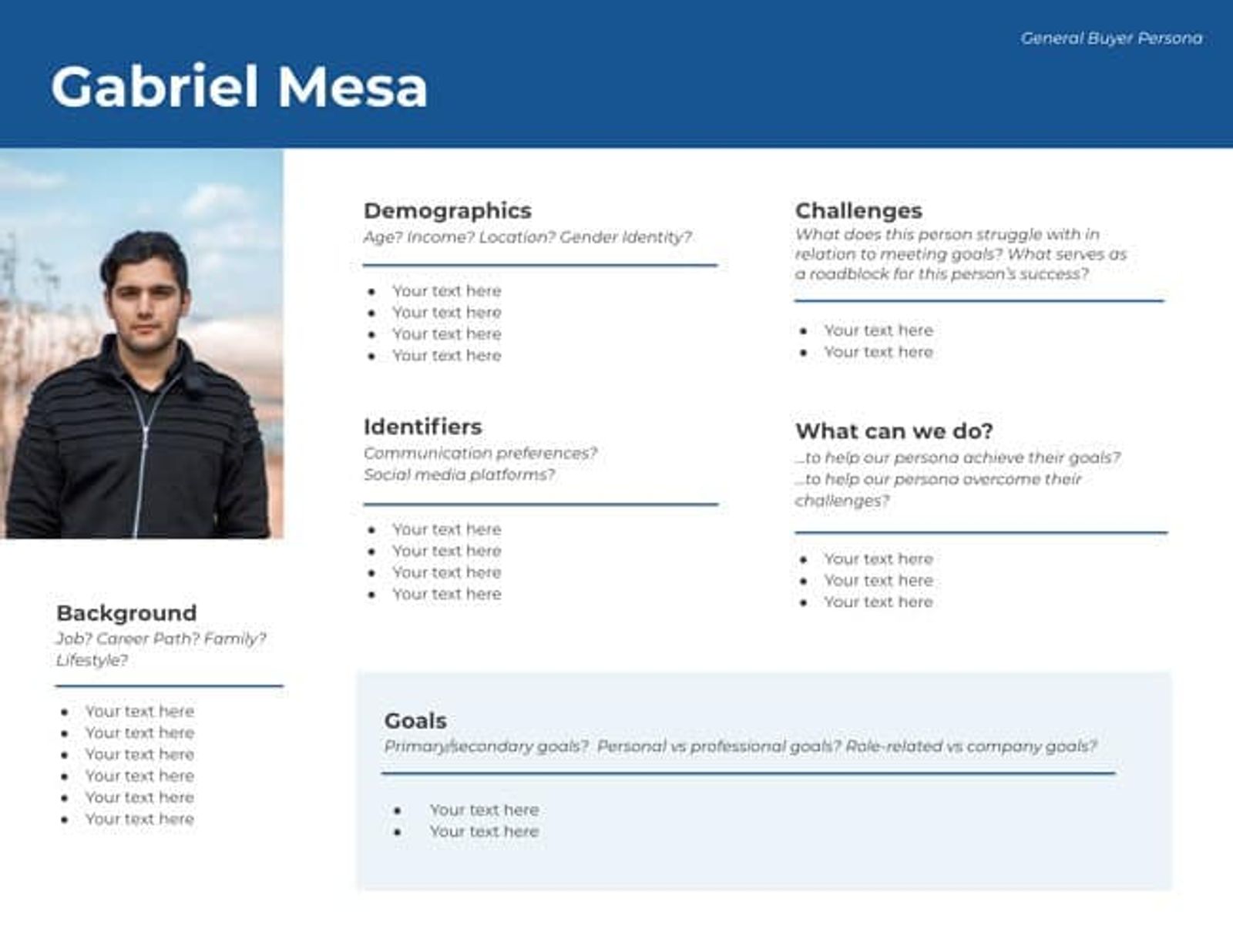 Plantilla de perfil de comprador con secciones de datos demográficos, antecedentes, retos, identificadores y objetivos.