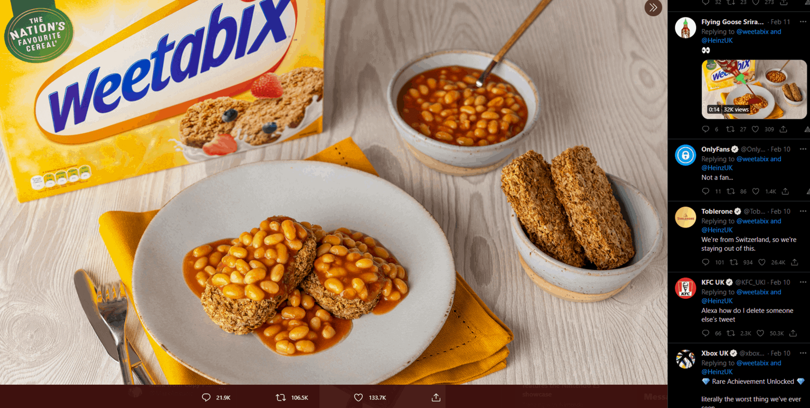 Imagen realmente horrible de frijoles horneados sobre weetabix con varias otras compañías interviniendo para criticar este sacrilegio.