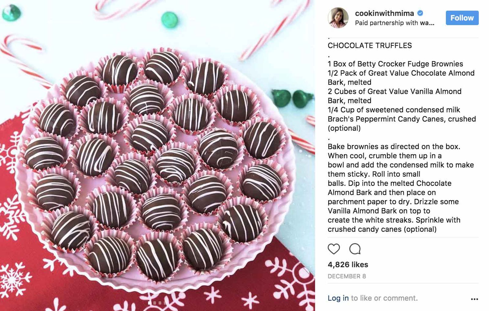 Publicacion de Instagram de cookinwithmima con trufas de chocolate y una receta navidena en el pie de foto