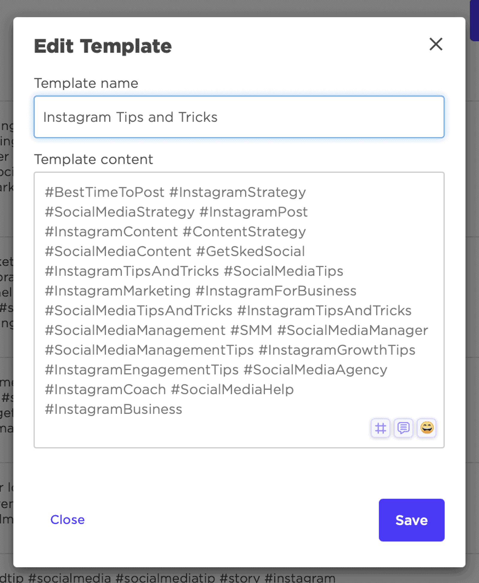 Editor de plantillas de hashtags de Sked Social