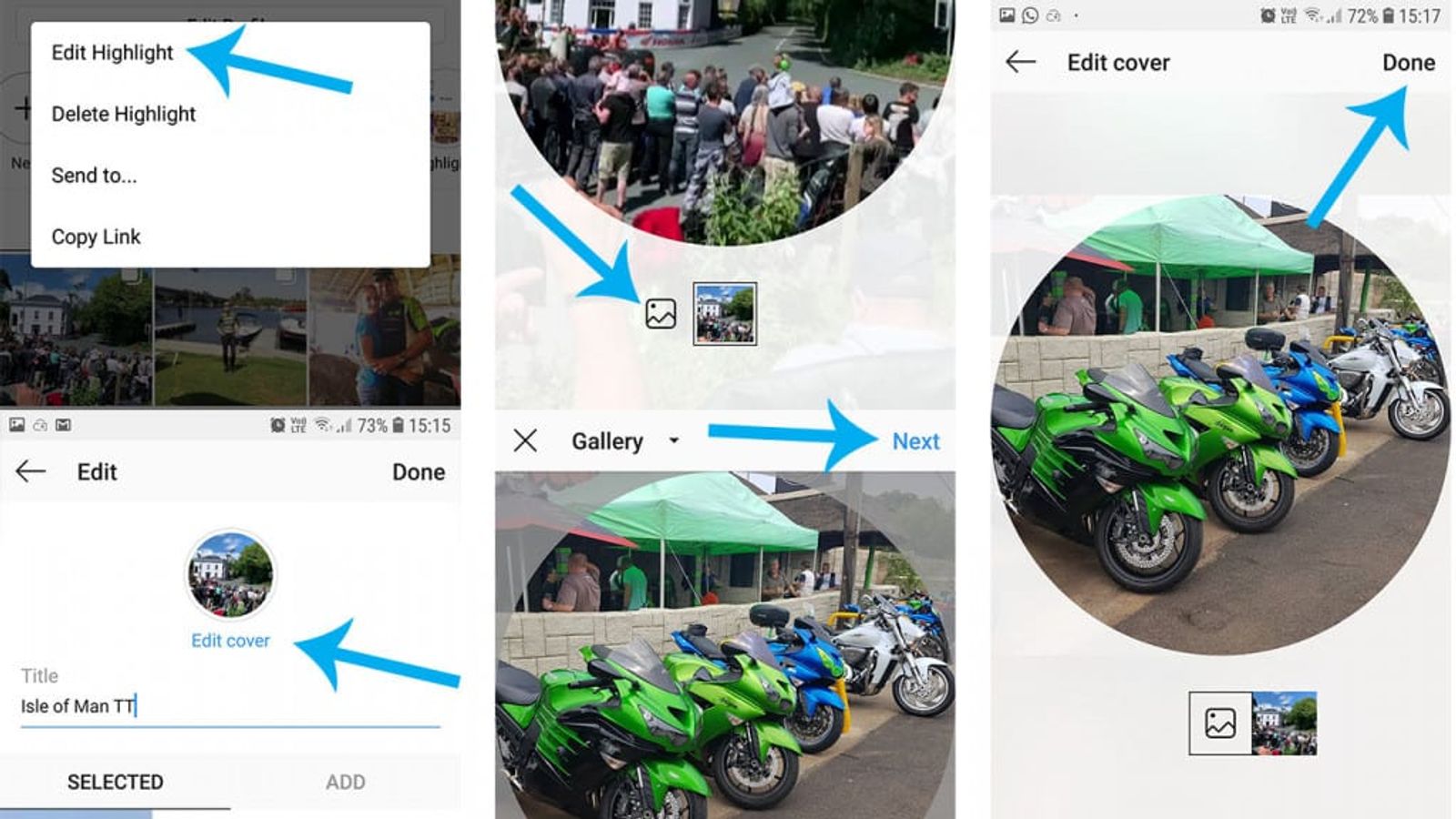 Instagram app screens showing the steps to edit a Story Highlight and choose a cover image.