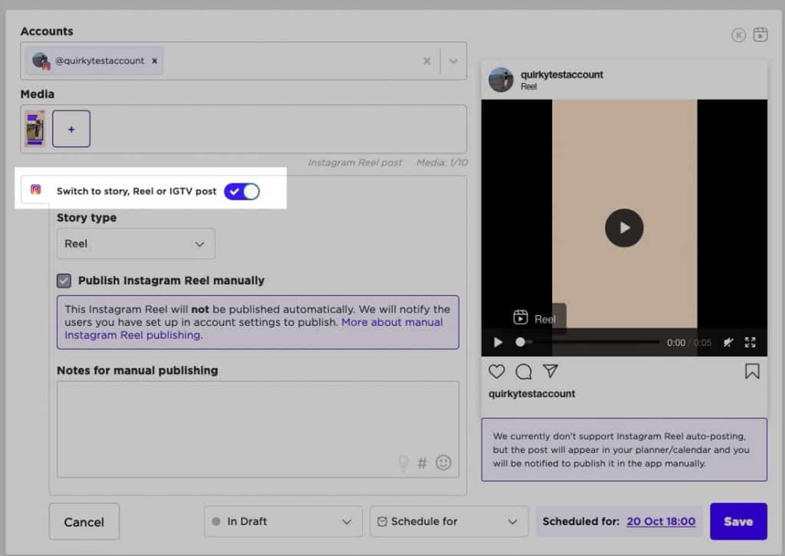 Programando una publicación de Instagram Reel