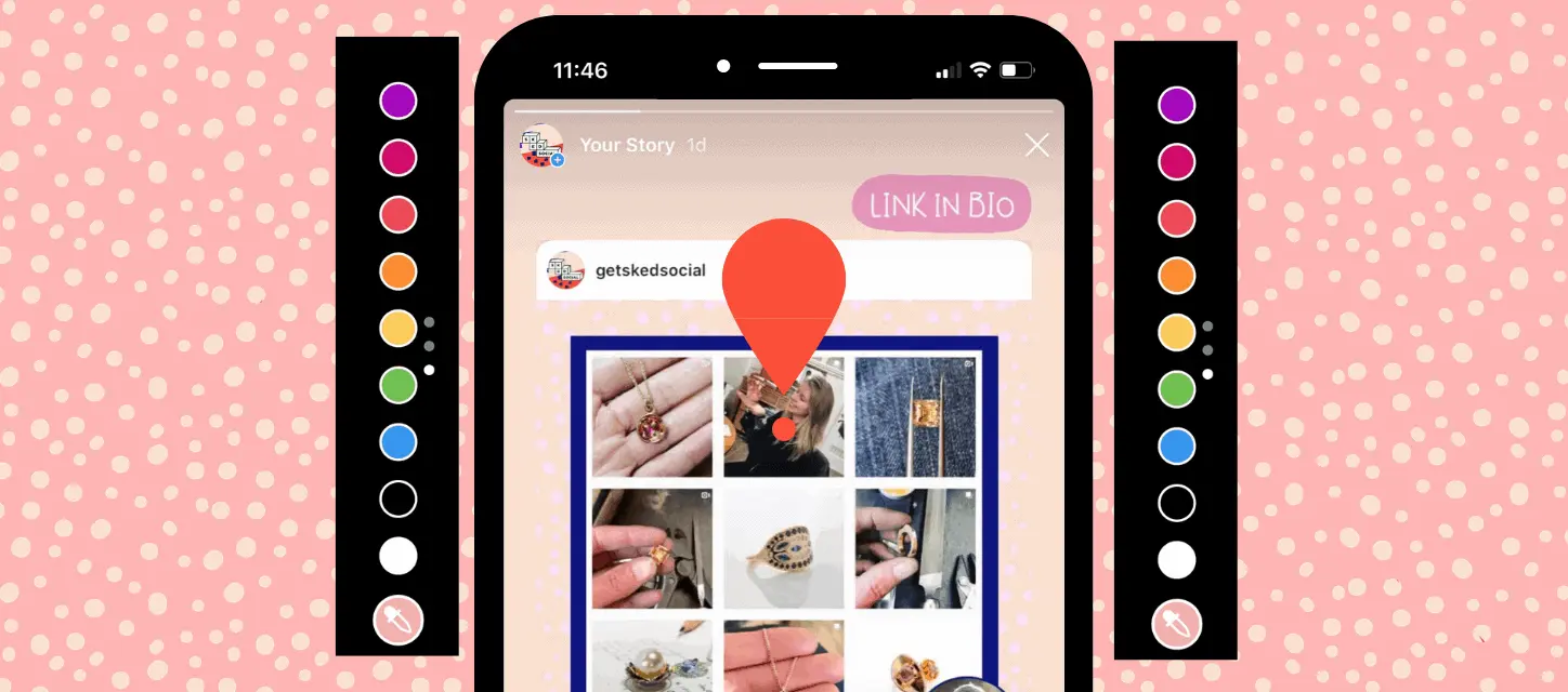 Teléfono con una historia de Instagram y una cuadrícula de fotos, junto a columnas de muestras de color