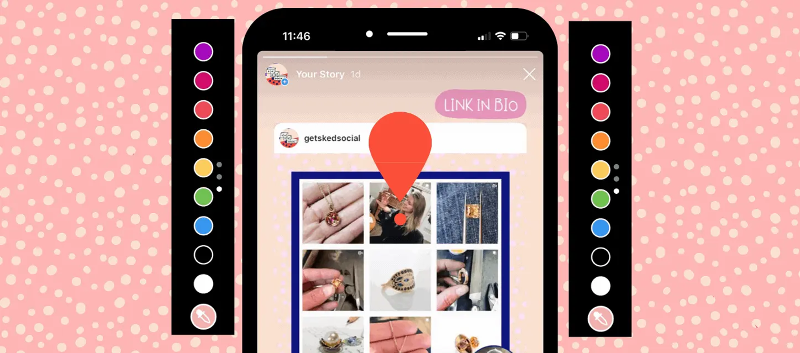 Phone showing an Instagram Story with a photo grid, flanked by color swatch columns