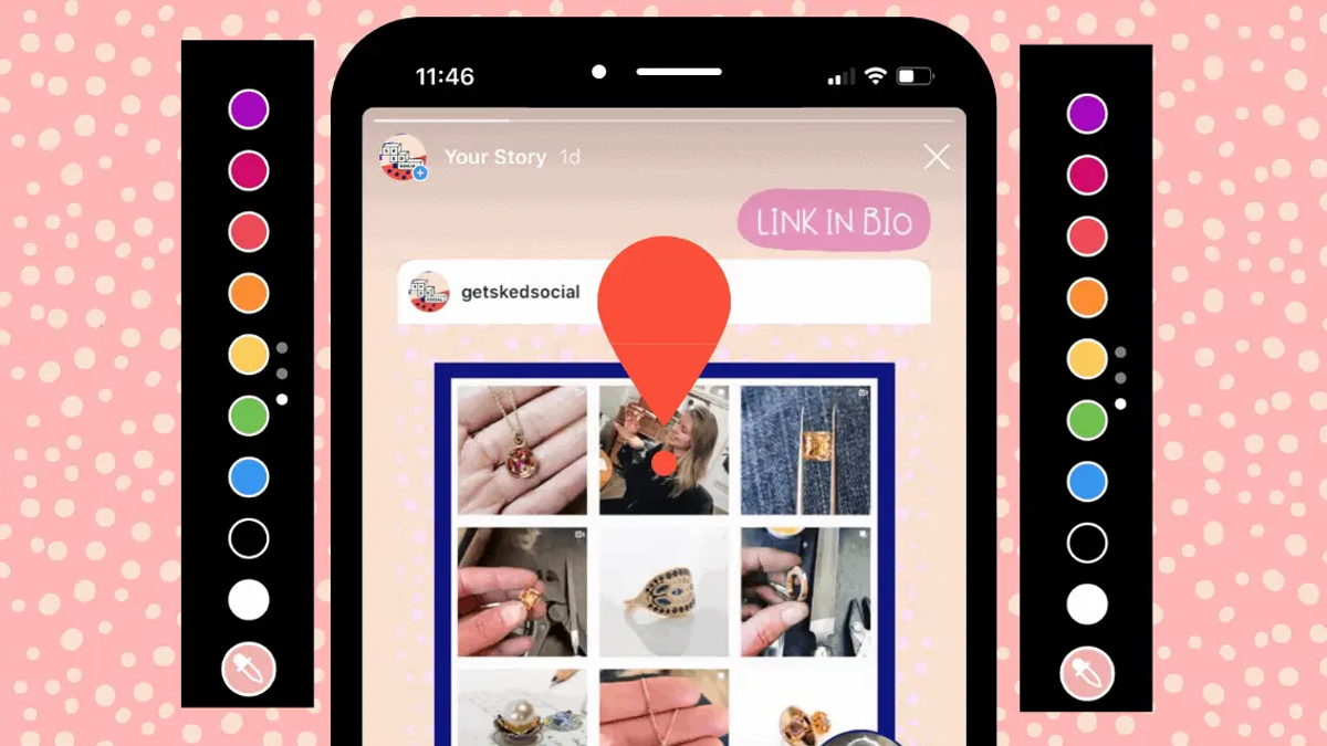 Phone showing an Instagram Story with a photo grid, flanked by color swatch columns