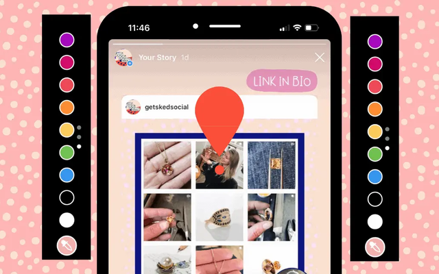 Teléfono con una historia de Instagram y una cuadrícula de fotos, junto a columnas de muestras de color