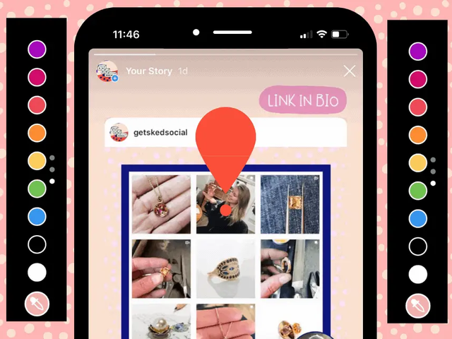 Teléfono con una historia de Instagram y una cuadrícula de fotos, junto a columnas de muestras de color