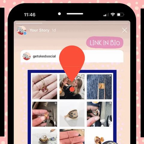 Teléfono con una historia de Instagram y una cuadrícula de fotos, junto a columnas de muestras de color