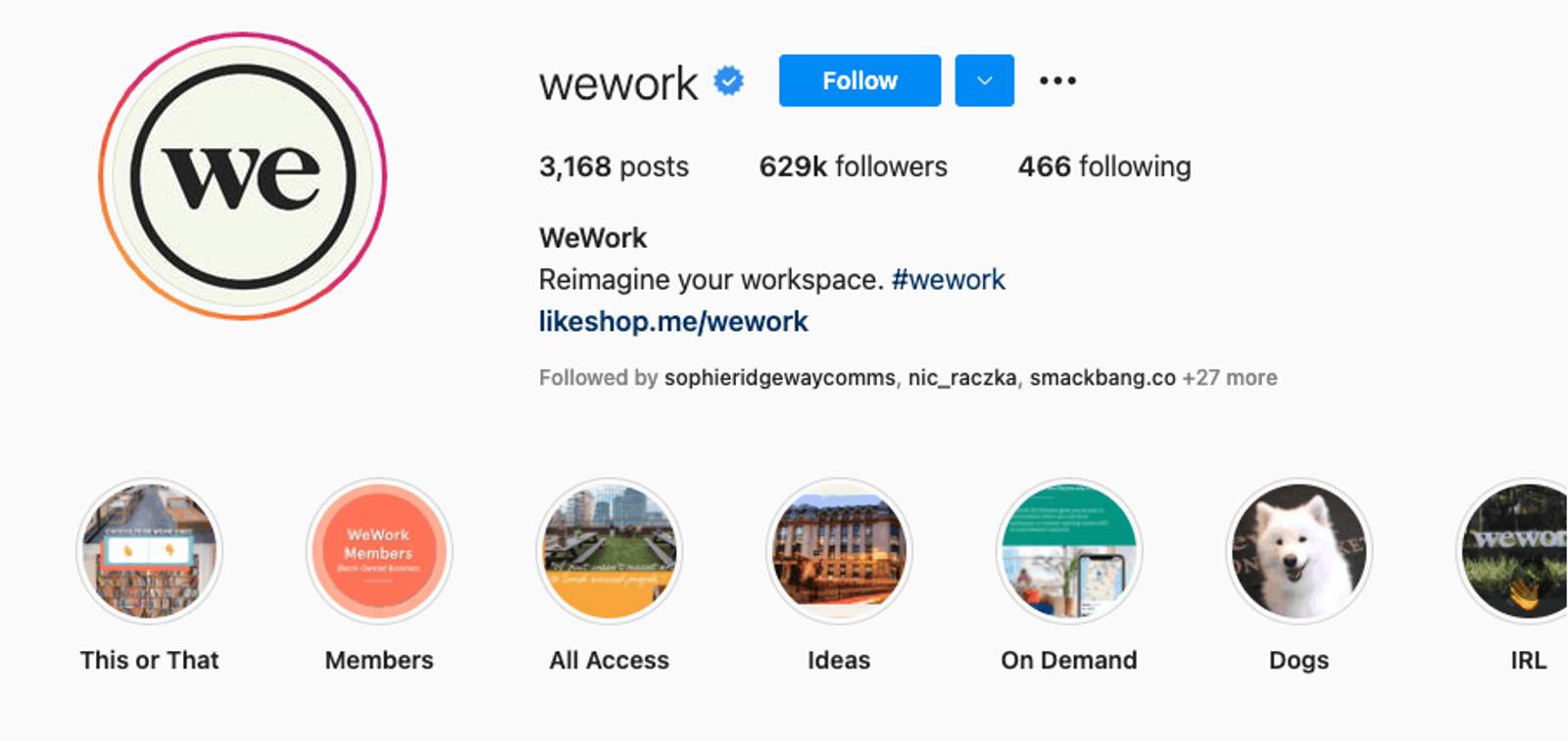Biografía de Instagram de WeWork