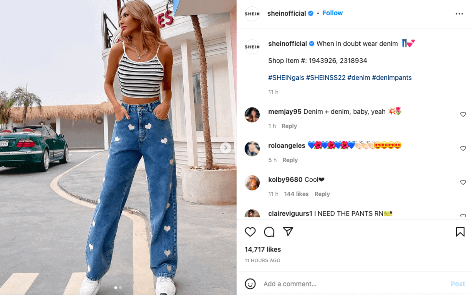@shein publicación oficial de Instagram de una mujer con jeans de talle alto