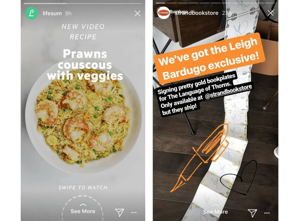 Two Instagram Stories, one showing a recipe photo and one showing a signed bookplate roll with a doodle overlay
