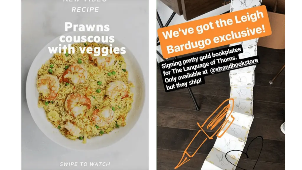 Two Instagram Stories, one showing a recipe photo and one showing a signed bookplate roll with a doodle overlay