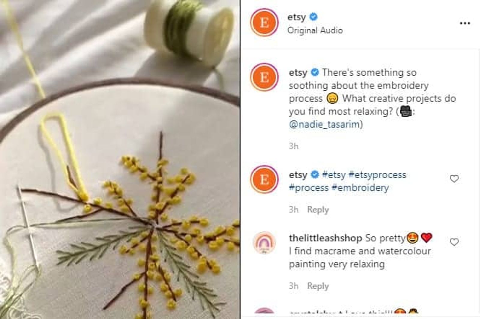 Publicación de Instagram de Etsy con un bordado floral amarillo en un aro, junto a la descripción y comentarios.
