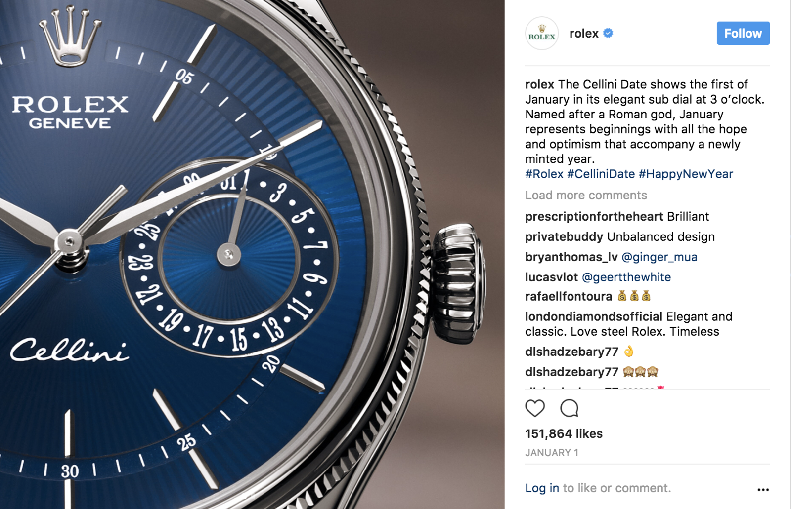 Publicación de Instagram de Rolex con un primer plano del reloj Cellini Date de esfera azul, con texto y comentarios.