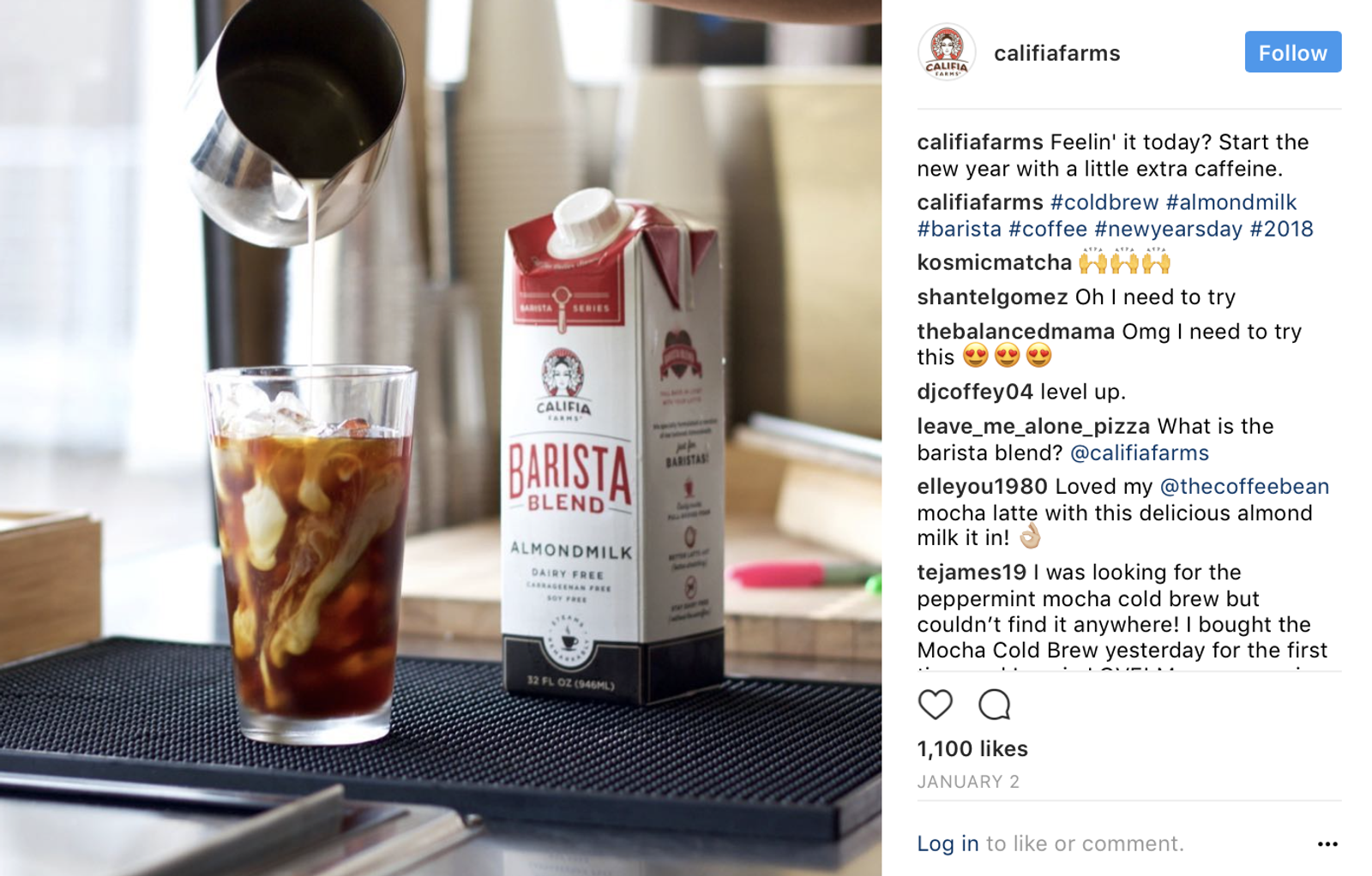 Publicacion de Instagram de califiafarms con leche de almendra sirviendose en un cafe helado junto a un envase Barista Blend.