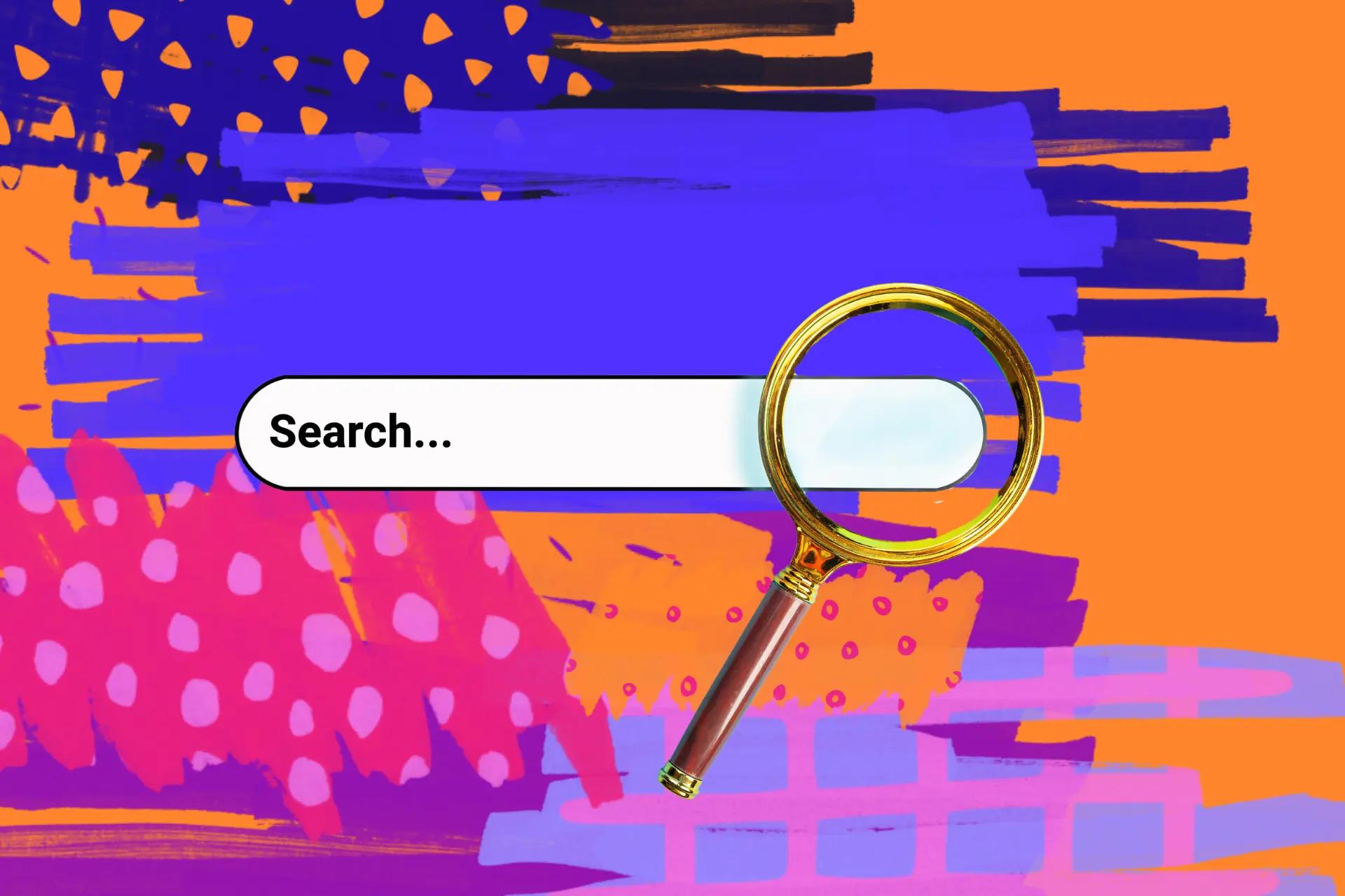 A search bar with a magnifying glass over a colorful painted background