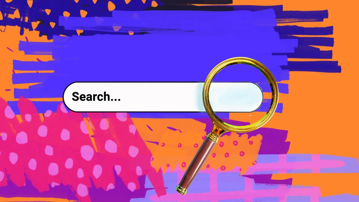 A search bar with a magnifying glass over a colorful painted background