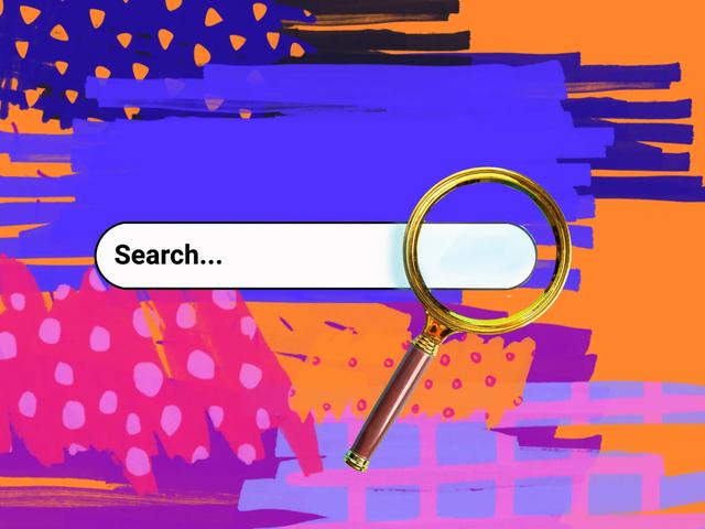 A search bar with a magnifying glass over a colorful painted background
