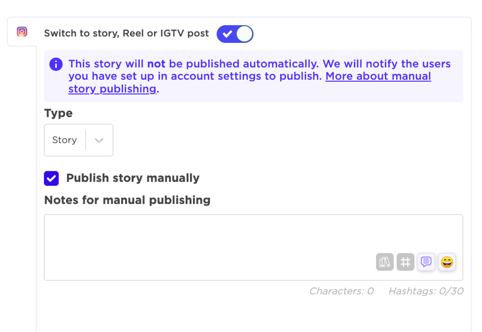 Editor de publicaciones de Sked Social con tipo historia seleccionado y casilla de publicación manual.