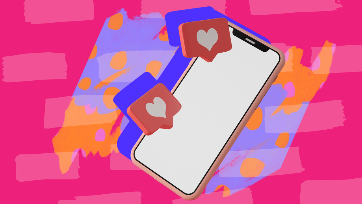 Smartphone with two red heart notification bubbles, on a background of pink, purple, and orange abstract shapes