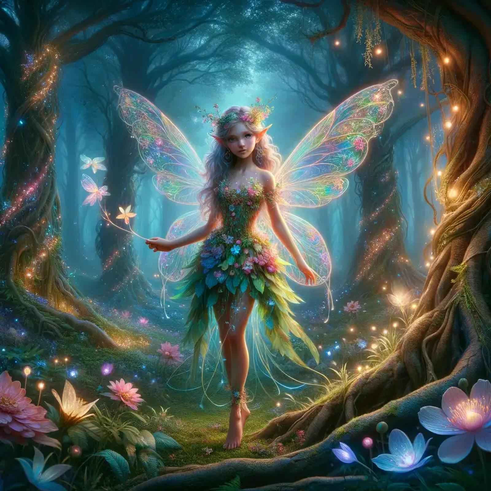 Hada generada por IA con alas translúcidas y vestido de hojas en un bosque fantástico iluminado