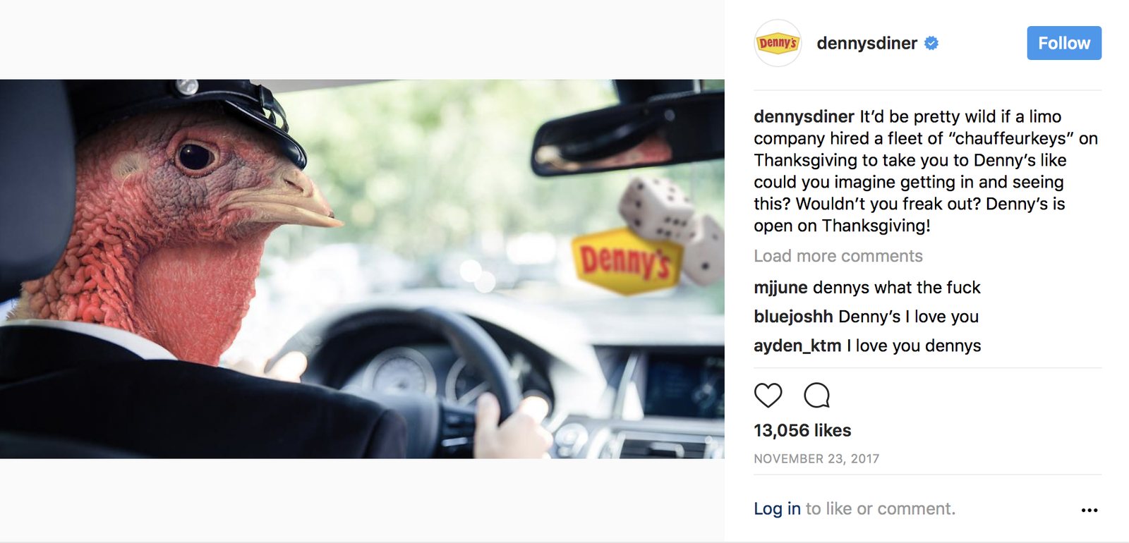 Publicación de Instagram de dennysdiner con una persona disfrazada de pavo conduciendo como chofer.