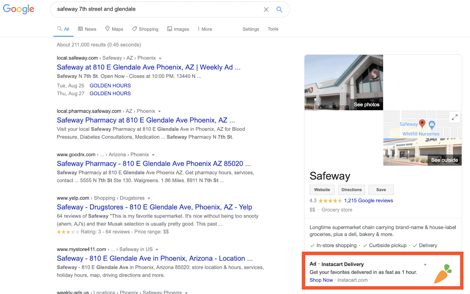 Resultados de búsqueda de Google con un panel de perfil de negocio de Safeway y un anuncio resaltado debajo