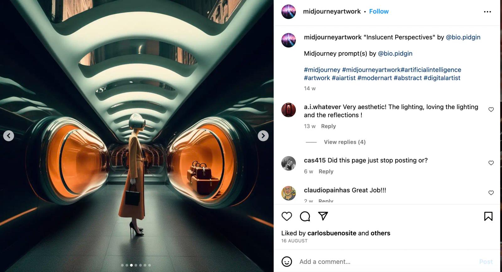 Publicacion de Instagram de una cuenta de arte con IA, con una figura surrealista entre tuneles naranjas