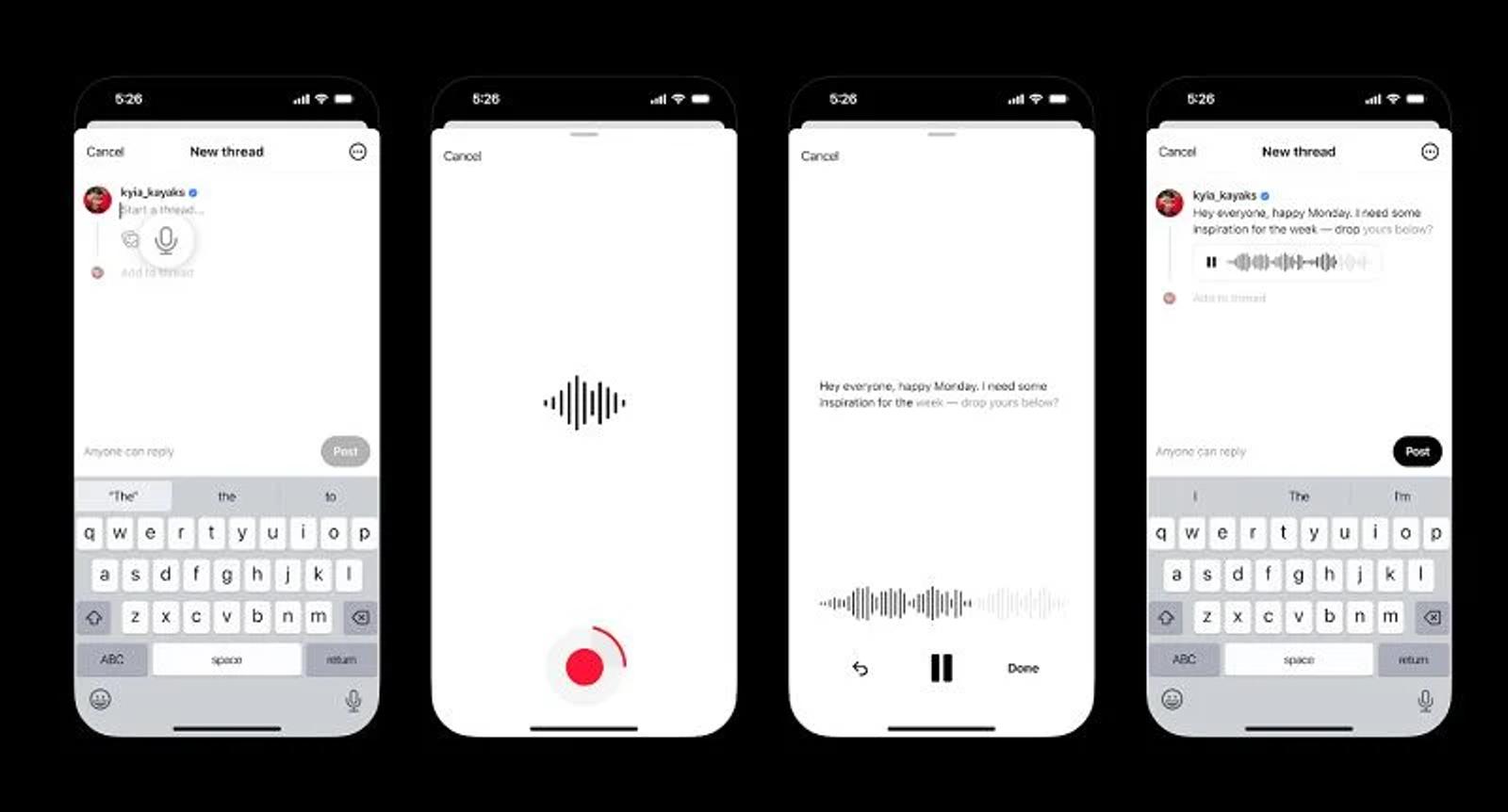 Cuatro pantallas de teléfono con la app Threads mostrando un nuevo hilo con un archivo adjunto de audio en forma de onda.