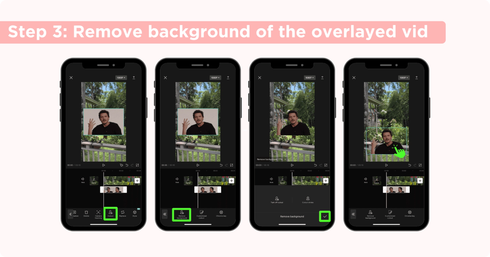Four CapCut mobile screens showing steps to remove the background of an overlayed video clip.