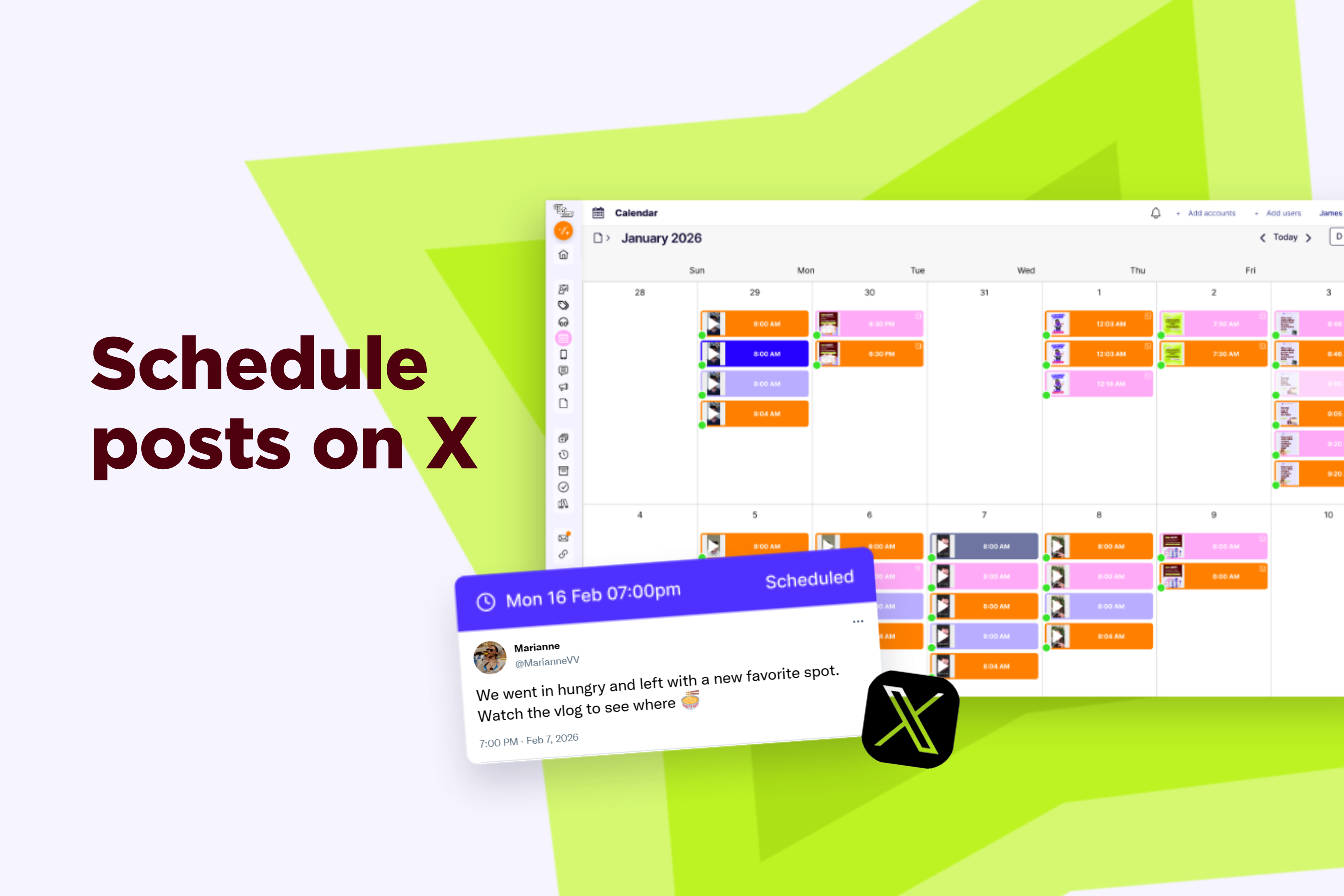 Sked Social content calendar with colour-coded scheduled posts across the week, and an X post preview card marked Scheduled for Mon 16 Feb at 7:00pm