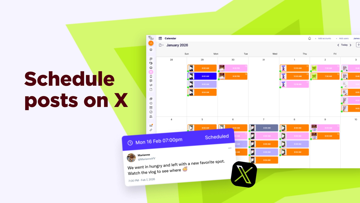 Sked Social content calendar with colour-coded scheduled posts across the week, and an X post preview card marked Scheduled for Mon 16 Feb at 7:00pm