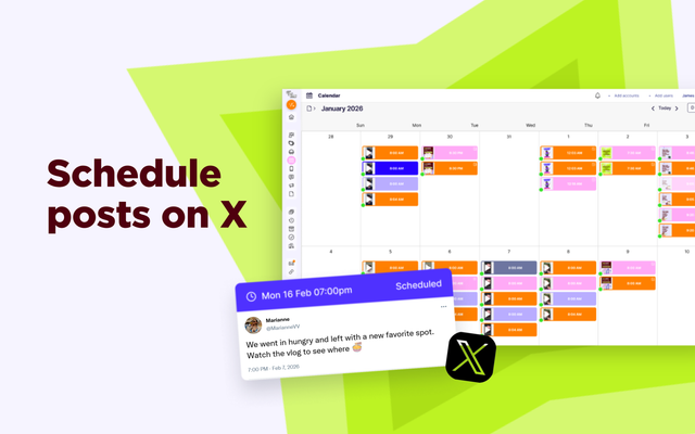 Calendario de contenido de Sked Social con publicaciones programadas por colores durante la semana y la vista previa de una publicación de X programada para el lunes 16 de febrero a las 19:00