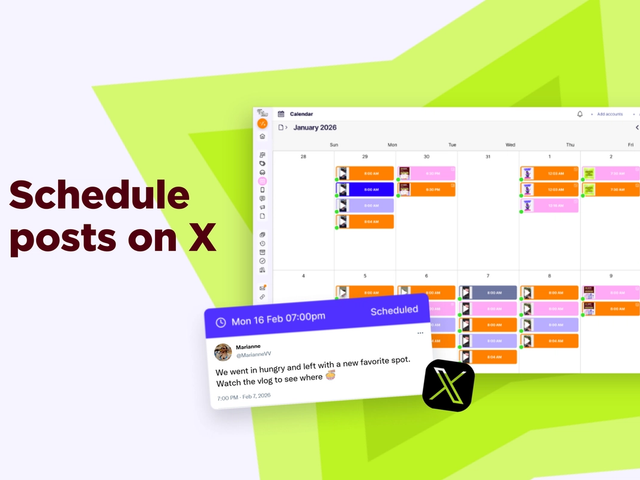 Calendario de contenido de Sked Social con publicaciones programadas por colores durante la semana y la vista previa de una publicación de X programada para el lunes 16 de febrero a las 19:00