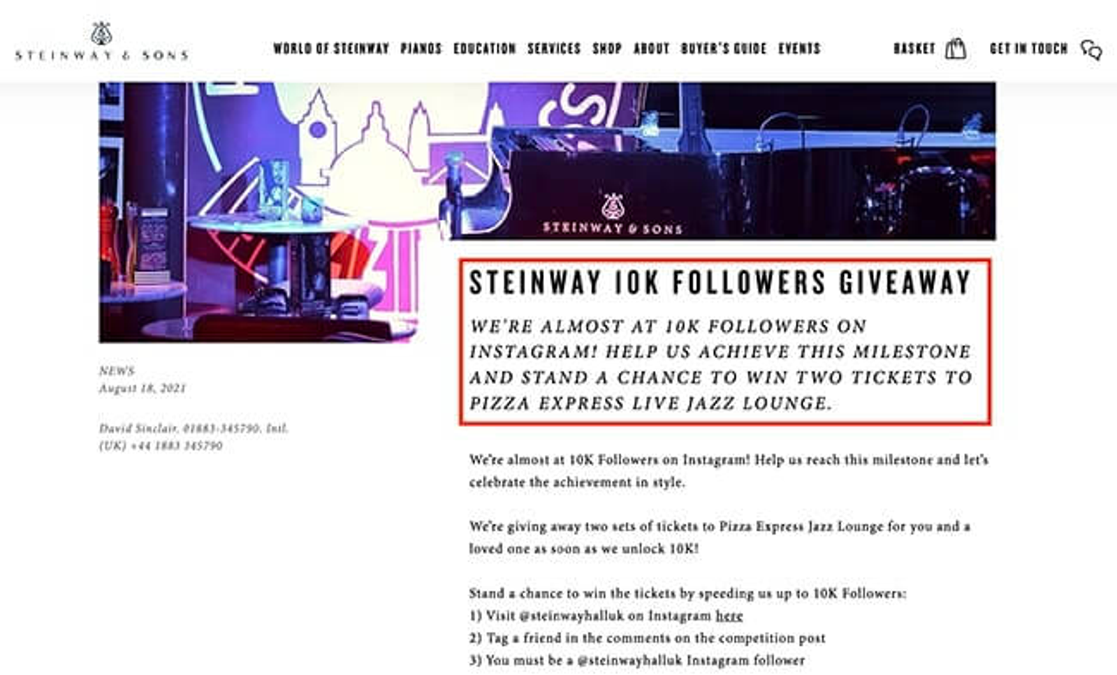 Steinway & Sons website page announcing a followers giveaway with jazz lounge ticket details.