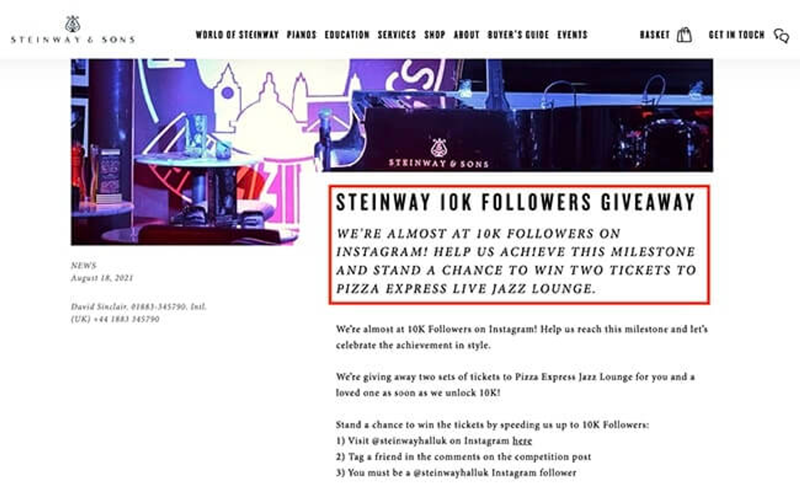 Página web de Steinway & Sons anunciando un sorteo por seguidores con detalles de entradas a un club de jazz.