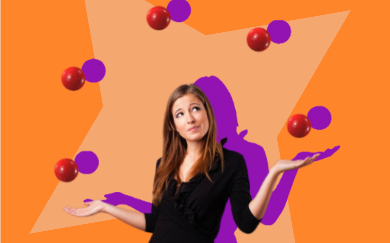 Woman juggling red balls with open palms against an orange star backdrop