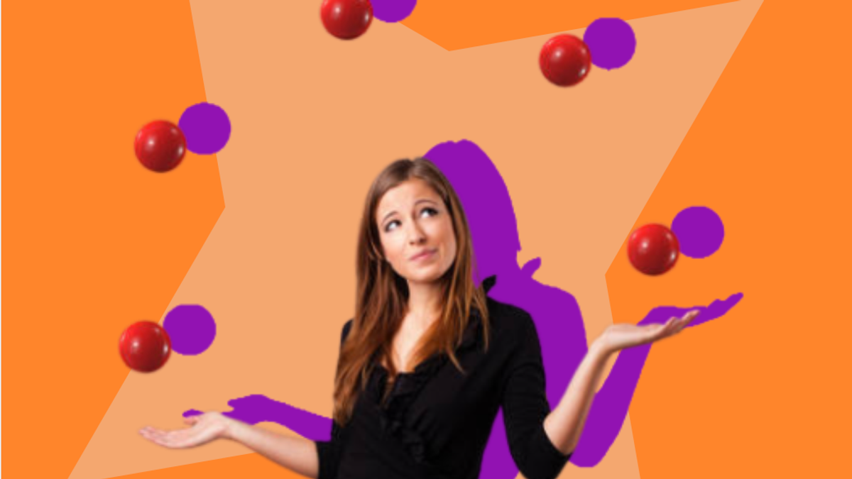 Woman juggling red balls with open palms against an orange star backdrop