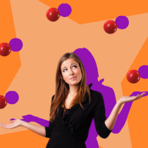 Una mujer haciendo malabares con pelotas rojas con las palmas abiertas, con una estrella naranja de fondo