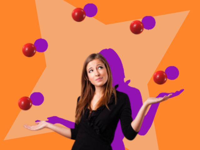Woman juggling red balls with open palms against an orange star backdrop