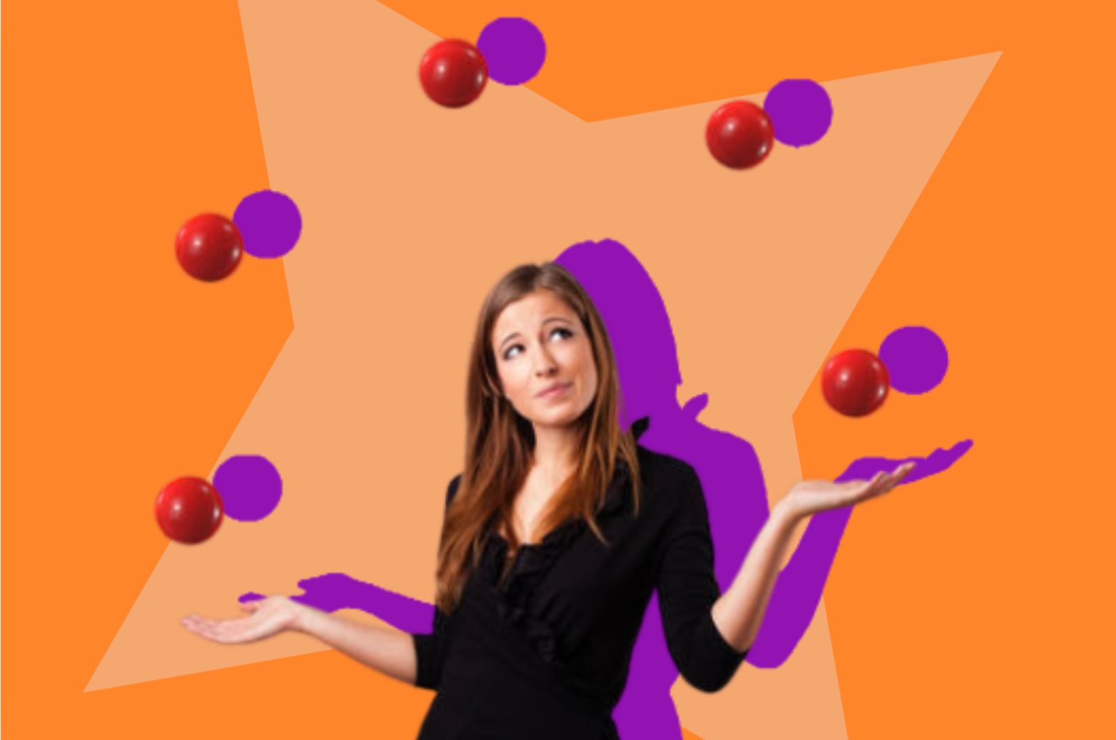 Woman juggling red balls with open palms against an orange star backdrop