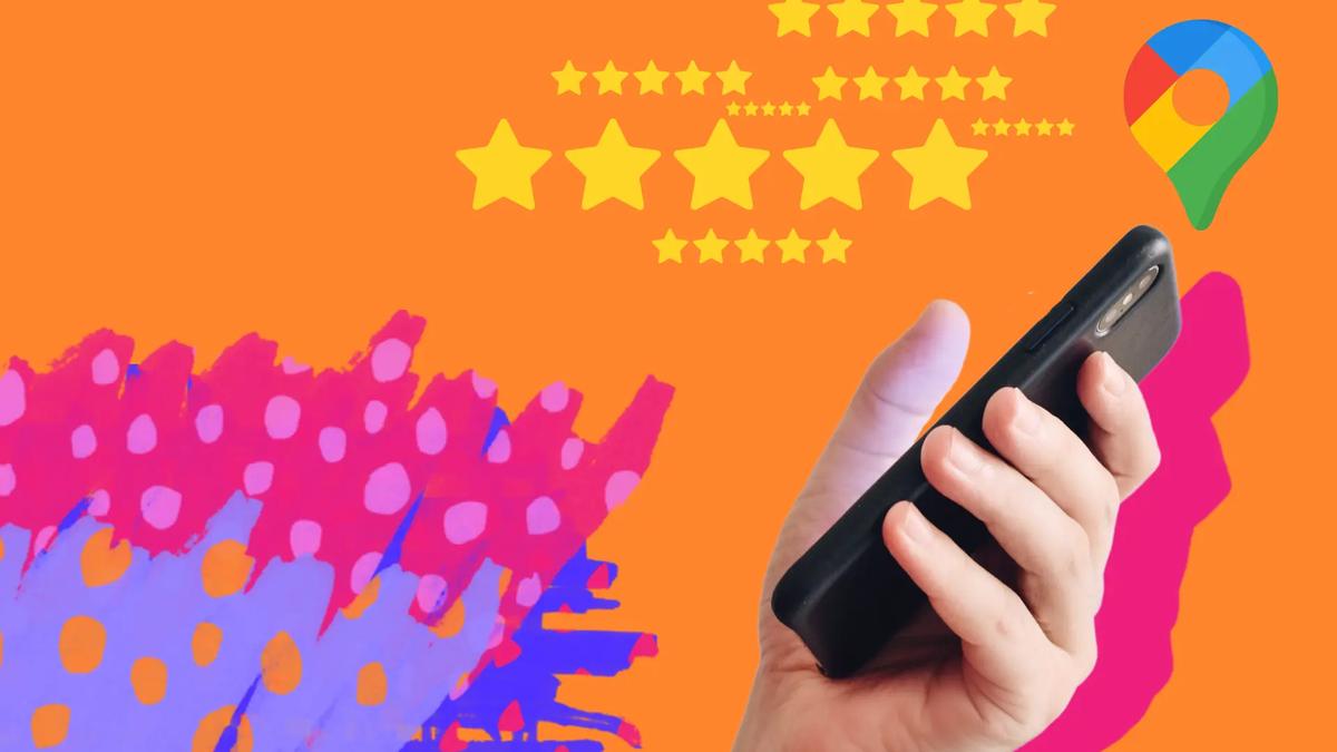 Hand holding a black smartphone, yellow stars, and a Google Maps pin icon on an orange background with pink and purple shapes.