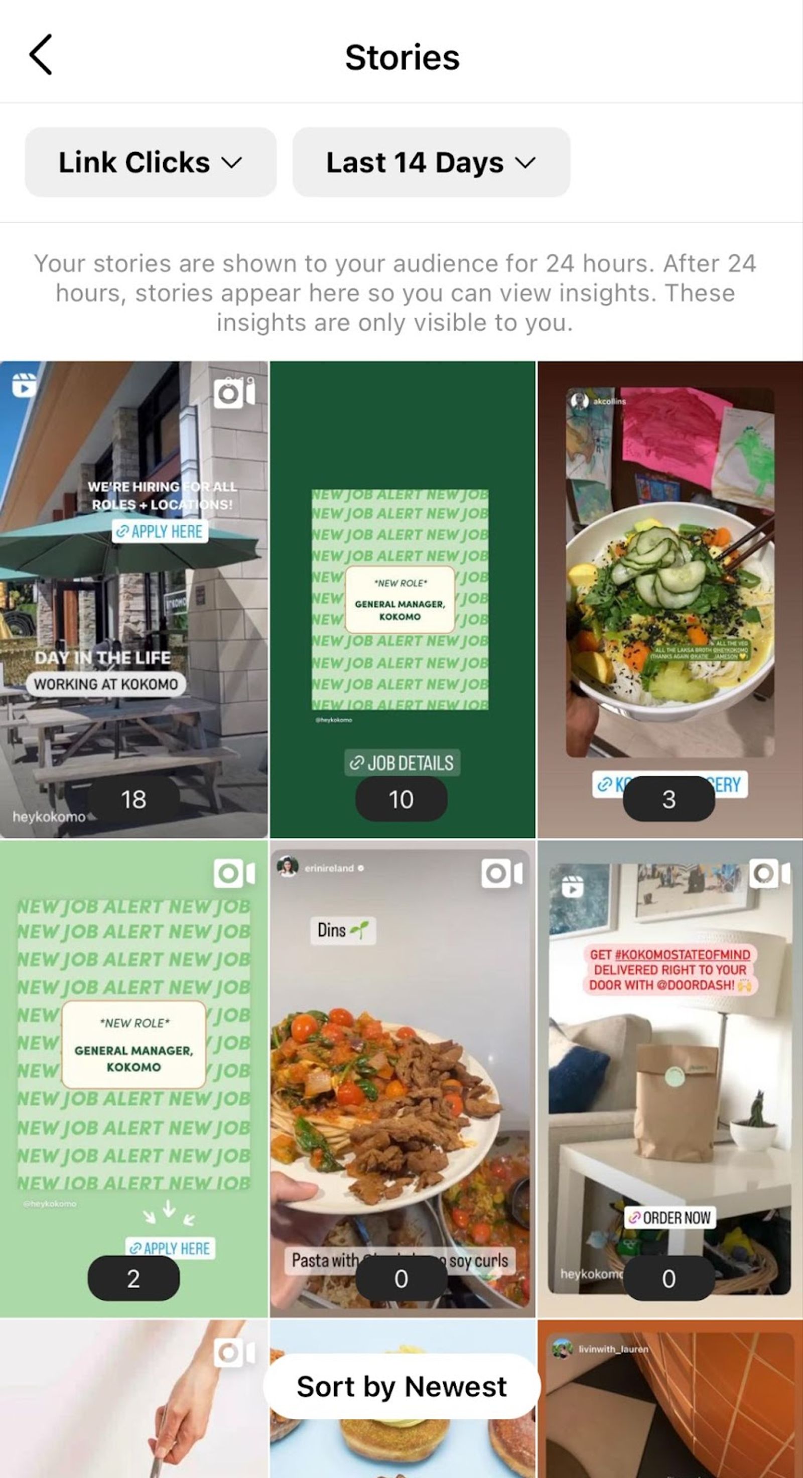 Instagram Stories insights grid filtered by Link Clicks, showing a thumbnail grid with click counts on each story.